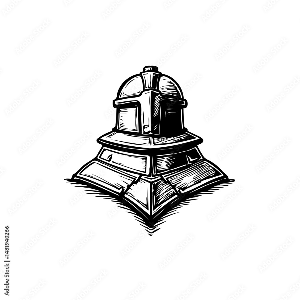Poster monochrome architectural sketch of a tiered structure with geometric forms