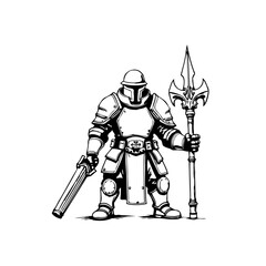 Naklejka premium Stylized Illustration of a Medieval Knight with Spear and Sword in Black and White