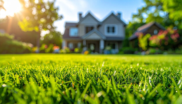 Fresh green grass, lawn with blurred house in background. Backyard landscaping.