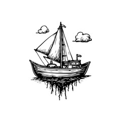 Monochrome stylized ship illustration with cloud accents in whimsical artwork