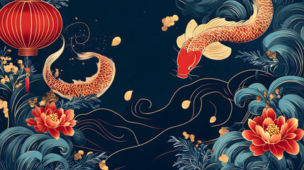 Obraz premium Vibrant koi fish swim amidst rich floral designs and traditional lanterns, showcasing a blend of culture and artistry.