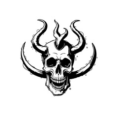 Monochrome Skull with Horns and Crescent Moon: Edgy and Symbolic Imagery