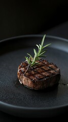 Grilled steak with rosemary garnish on plate.