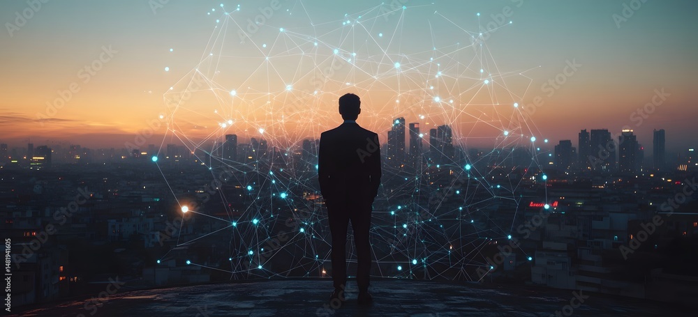 Poster a businessman with his back towards the viewer and a network connection hologram over cityscape. the