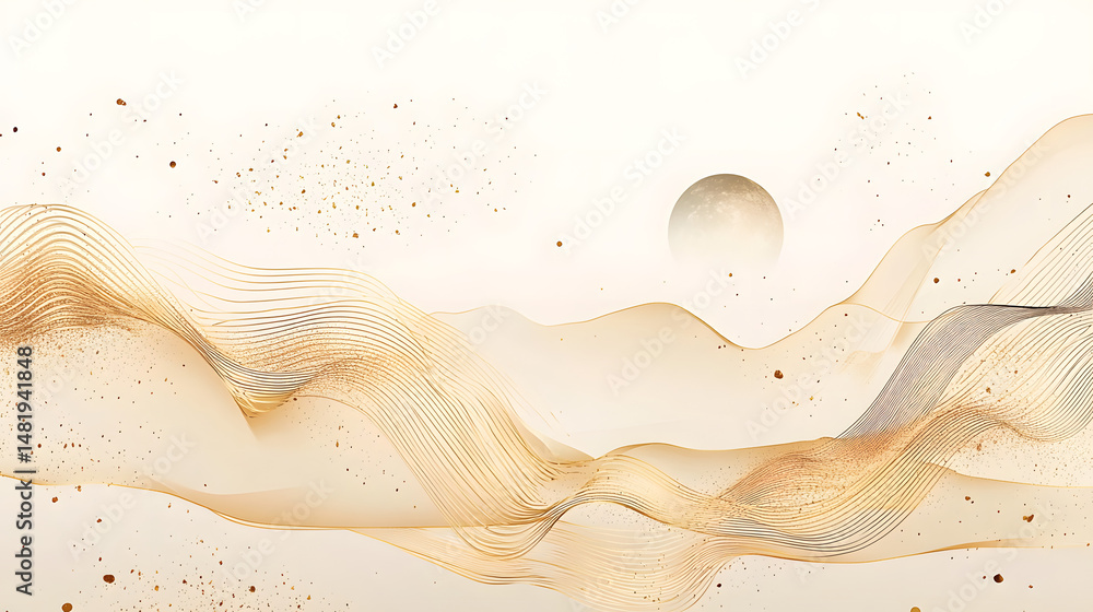 Poster abstract golden landscape with flowing lines and a soft sun, creating a serene and elegant visual at