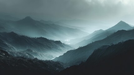 Misty Mountain Ranges: A Serene, Blue-toned Landscape