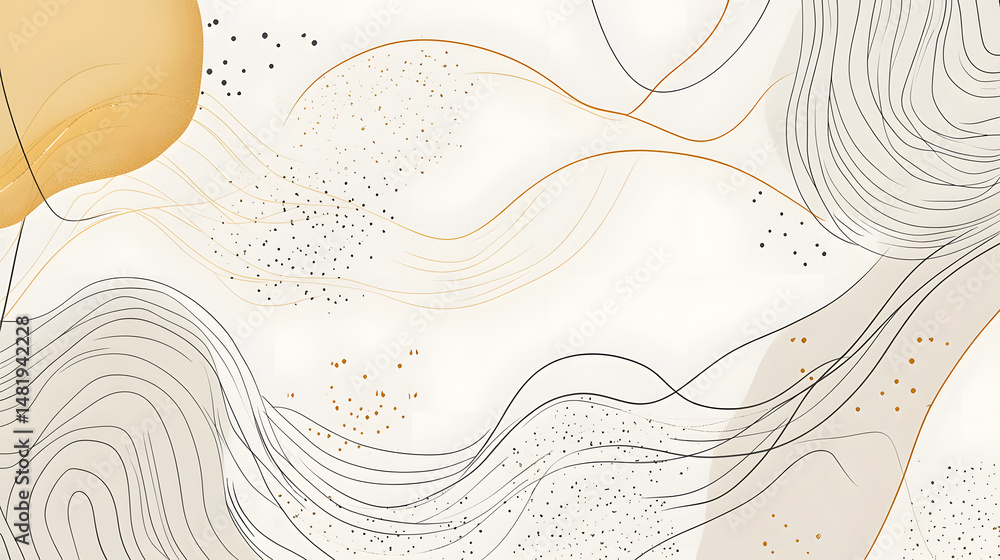 Poster a modern, abstract design featuring flowing lines and soft shapes in warm tones of beige and gold.