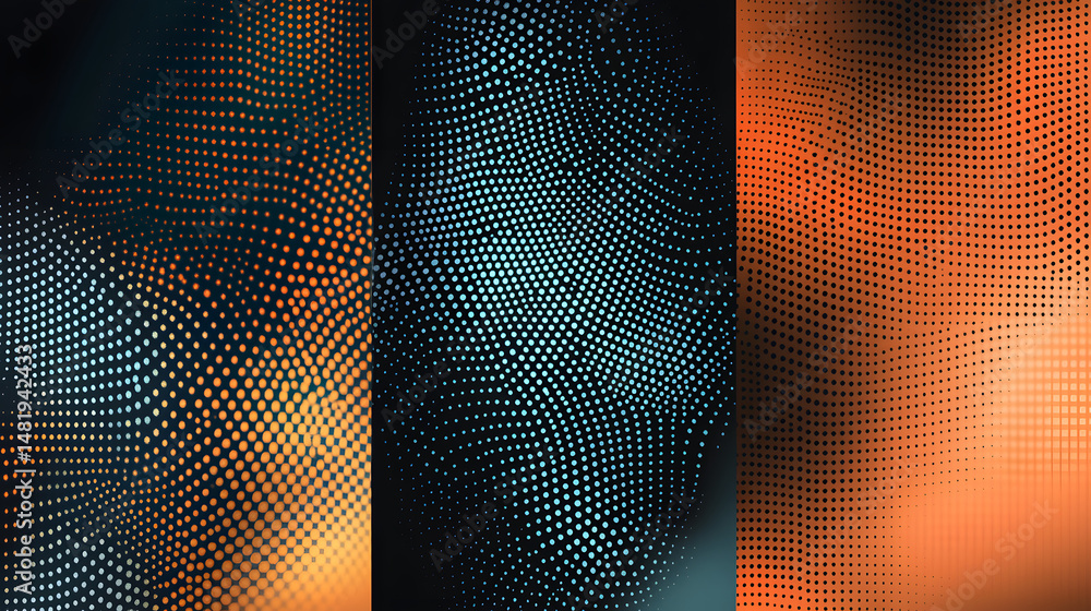 Poster abstract patterns with gradient dot textures in shades of black, blue, and orange create a dynamic v