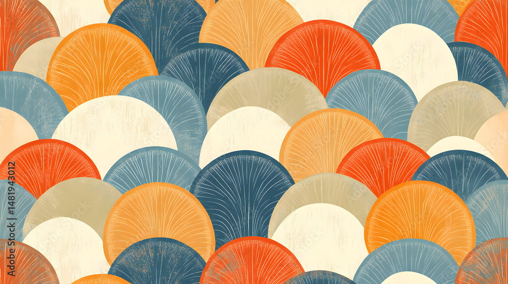 Poster a vibrant abstract pattern featuring overlapping semicircles in warm tones of orange, blue, and beig