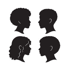 curly hair side profile icons silhouette set