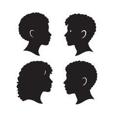 curly hair side profile icons silhouette set