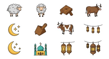 Fototapeta premium Eid al-Adha Icon Set: Islamic Holiday Vector Graphics