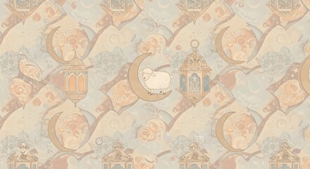 Obraz premium Eid Al-Adha Seamless Pattern: Crescent Moon, Sheep, and Lanterns