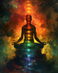 Chakras glowing from root to crown in a meditating figure