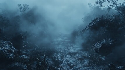 Obraz premium Misty pathway through a mysterious landscape.
