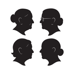 Bold old woman side profile icons silhouette set