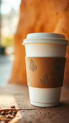 morning Coffee To Go Cup with Embossed Leaf Sleeve in Warm Sunlight
