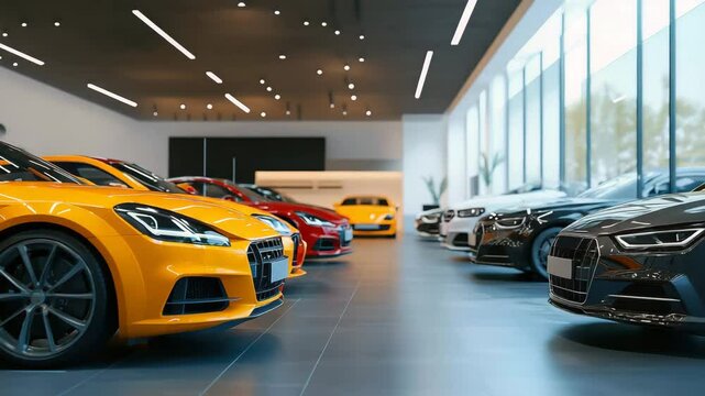 Row of cars are on display in a showroom. The cars are of different colors and sizes, including a yellow sports car and a white sedan. The showroom is well-lit and spacious