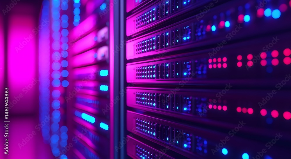 Poster close-up of a server rack in a data center. the rack is illuminated with a variety of colors, creati