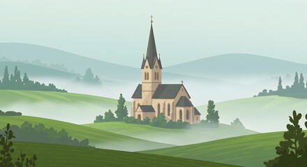 Naklejka premium Serene Church in Misty Hills: A Peaceful Landscape Illustration