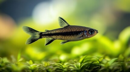Fototapeta premium Tiny fish in aquarium, dark scales and fins