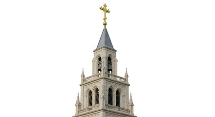 Fototapeta premium Church Steeple with Golden Cross Against a White Background