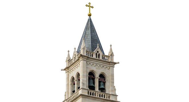 Church Steeple with Cross, Isolated on White