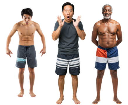 Surprised Expressions of Three Males in Swimwear: Young Asian Teen, Middle-Aged Asian Man, and Senior Black Man Displaying Varying Reactions and Body Types - Powered by Adobe