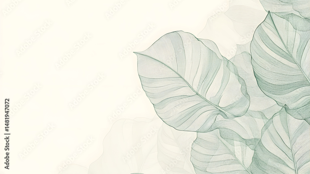 Poster delicate green leaves on a soft background, creating a serene and calming atmosphere.