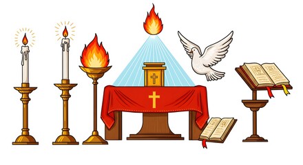 Christian Liturgical Elements: Candles, Altar, Dove, Book