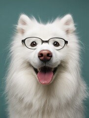 Samoyed Dog Wearing Glasses with Tongue Out: Cute and Happy Expression on Solid Color Background