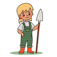 Cute beautiful girl Gardening with Shovel. Kid in overalls with tool. Hand Color drawing doodle. Vector illustration