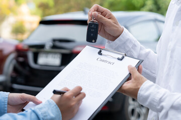 lease, rental car, sell, buy. Dealership send contract and car keys to new owner to sign. Sales, loan credit financial, rent vehicle, insurance, renting, Seller, dealer, installment, car care business