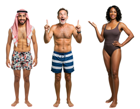A playful trio of individuals showcasing diverse swimwear styles: a young Middle-Eastern man, a middle-aged Caucasian man, and a young Black woman against a transparent background.
