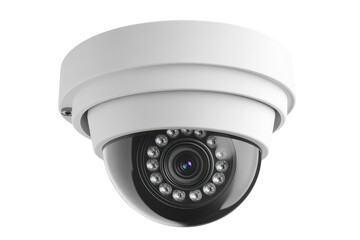 Modern white indoor dome security camera clearly shown on a bright white transparent background