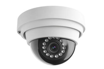 Modern white indoor dome security camera clearly shown on a bright white transparent background