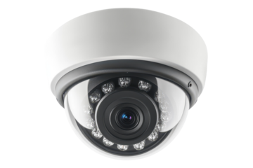Indoor surveillance camera with white dome housing displayed on a crisp white transparent background