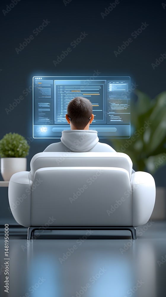 Poster a mysterious hacker in a neon-lit apartment, multiple monitors displaying digital code, cyberpunk am