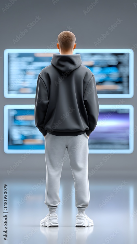 Poster a mysterious hacker in a neon-lit apartment, multiple monitors displaying digital code, cyberpunk am