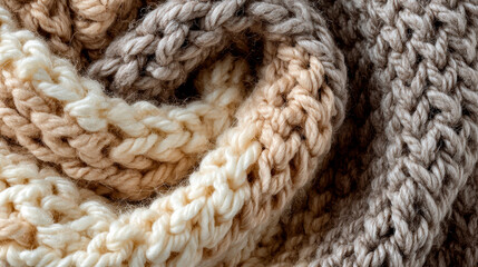 Close-Up of Beige and Cream Knitted Scarf Texture