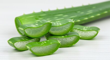 Sliced Aloe Vera Plant on White Table, Fresh Green Pieces