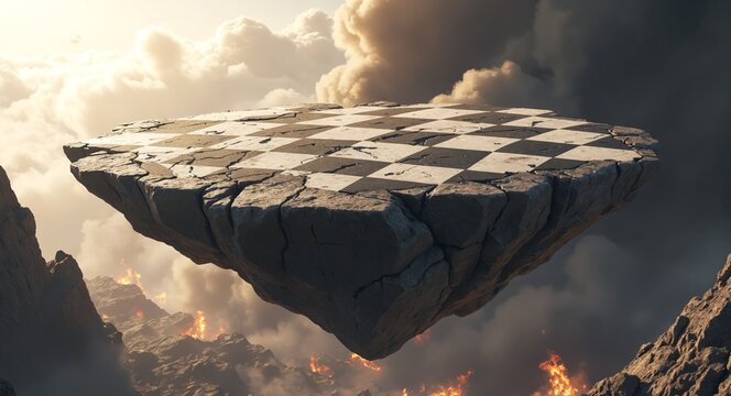 Huge piece of broken ground with a flat top black and white checkered platform pattern is floating