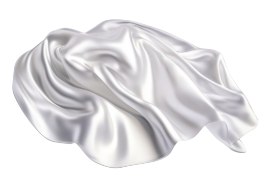 White long silk fabric floating gracefully in air with transparent PNG on a pure white background