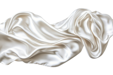 Flowing white satin fabric captured midair in high quality transparent PNG over clean white backdrop
