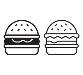 Cheese burger vector icon set,in black outline, solid and colored style,