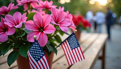 Obraz premium American Flag Floral Arrangement: A vibrant display of pink flowers and small American flags set on a wooden table with people in the background.