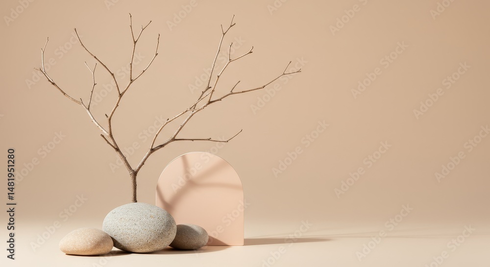 Poster abstract minimalist beige product display background with rocks and branches photo