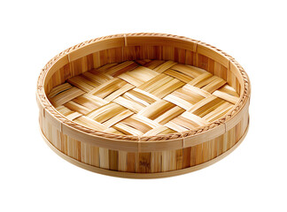 A round bamboo basket on a transparent background