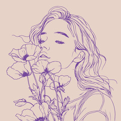 Dreamy Woman with Flowers in a Minimalist Line Art Style. Drawing in purple hues depicting a serene woman smelling a bouquet of poppy flowers.