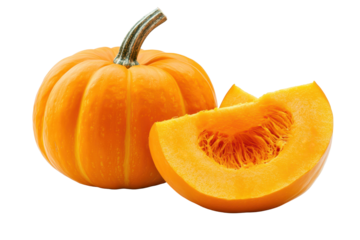 Autumn pumpkin and slice combination presented in high quality transparent PNG on a white background